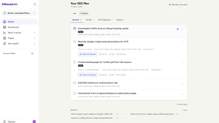 InhouseSEO dashboard showing AI-generated SEO tasks with Start in Claude buttons