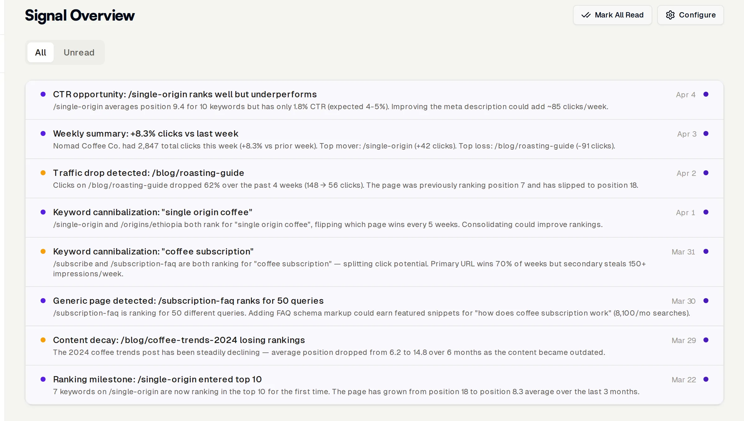 InhouseSEO signal overview with proactive SEO alerts